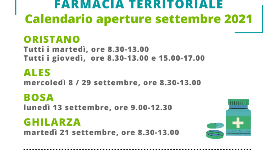 Farmacia territoriale ASSL: calendario aperture mese di settembre Farmacia territoriale ASSL: calendario aperture mese di settembre