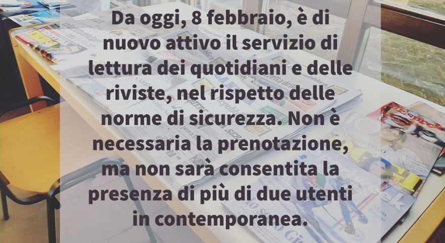 Biblioteca - Nuovamente attivo il servizio di lettura di giornali e riviste Biblioteca - Nuovamente attivo il servizio di lettura di giornali e riviste