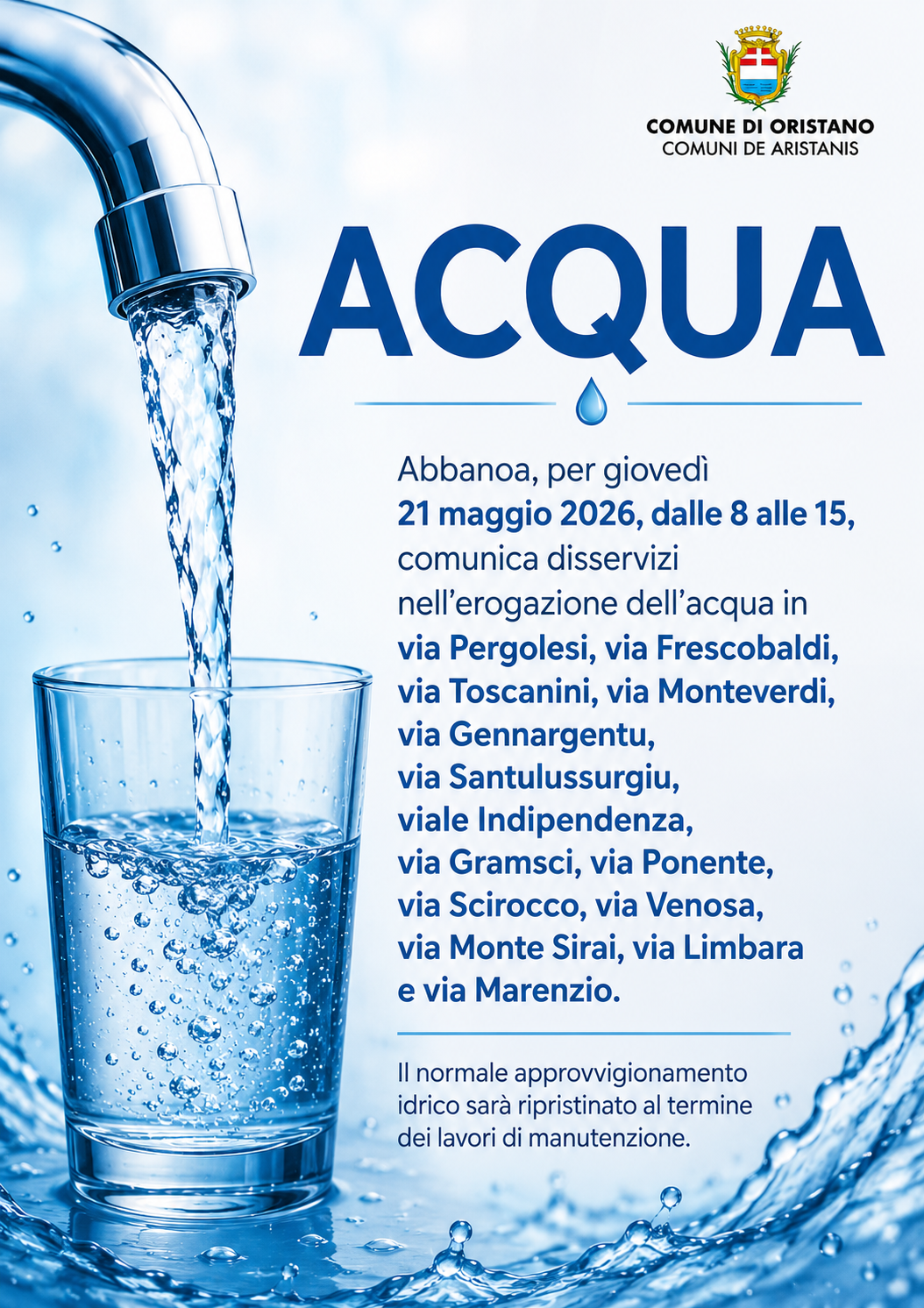 Giovedì 21 maggio interruzione dell’erogazione idrica in diverse vie della città