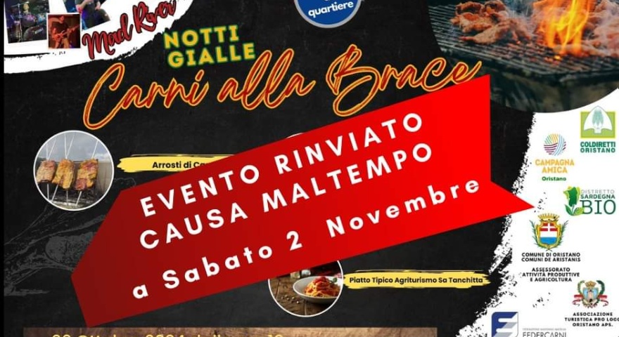 Notti gialle: carni alla brace in piazza – Rinvio al 2 novembre causa maltempo Notti gialle: carni alla brace in piazza – Rinvio al 2 novembre causa maltempo