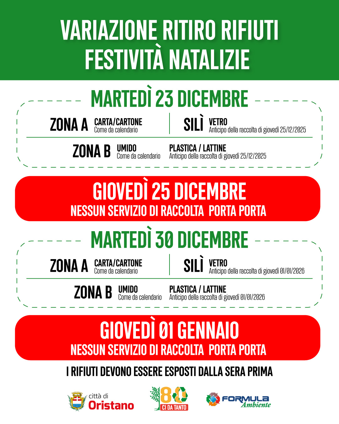 Il calendario della raccolta dei rifiuti per Natale e Capodanno